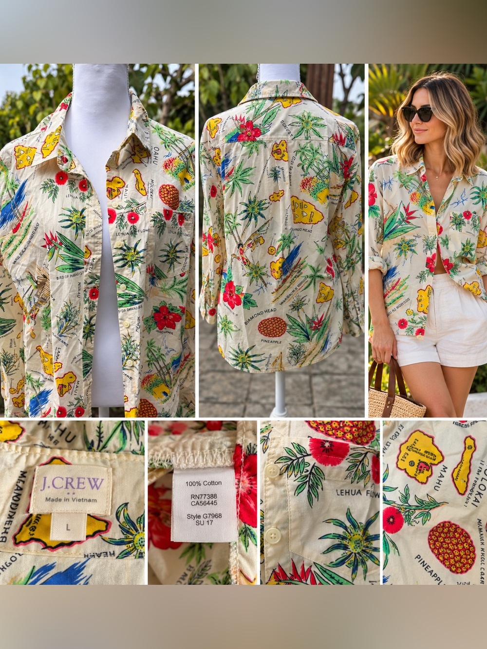 J.Crew Hawaiian Tropical Print Button Down Shirt Size L 100% Cotton